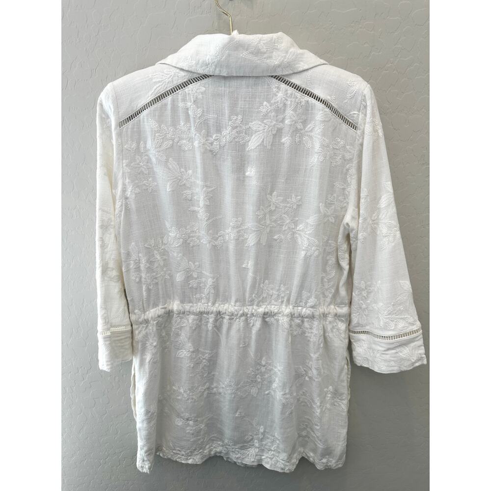 CHICO’S | White Embroidered Button Jacket Top Drawstring Waist | Size 0 Small - Picture 6 of 8